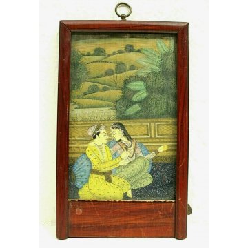 ANTICA MINIATURA IRAN QUADRO SCENA ROMANTICA GIARDINO ORIENTALE CORNICE LIBERTY 