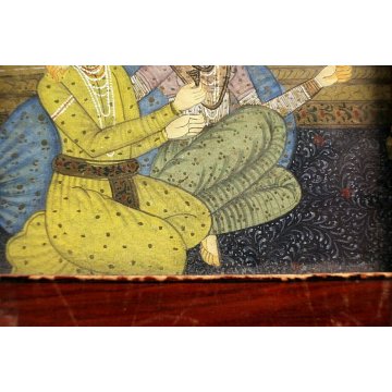 ANTICA MINIATURA IRAN QUADRO SCENA ROMANTICA GIARDINO ORIENTALE CORNICE LIBERTY 