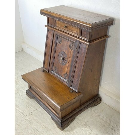 ANTICO INGINOCCHIATOIO LEGNO NOCE MASSELLO CASSETTO DECORATO CHIESA 1800 EPOCA 