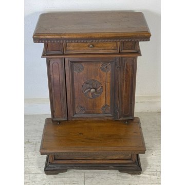 ANTICO INGINOCCHIATOIO LEGNO NOCE MASSELLO CASSETTO DECORATO CHIESA 1800 EPOCA 