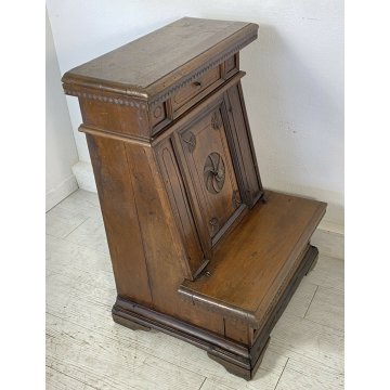 ANTICO INGINOCCHIATOIO LEGNO NOCE MASSELLO CASSETTO DECORATO CHIESA 1800 EPOCA 