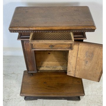 ANTICO INGINOCCHIATOIO LEGNO NOCE MASSELLO CASSETTO DECORATO CHIESA 1800 EPOCA 