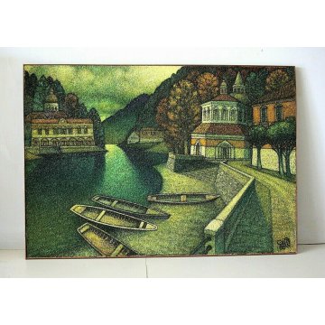 GRANDE QUADRO DIPINTO ASTRATTO MATERICO Gino Caizzi BELGIRATE PORTO LAGO BARCHE