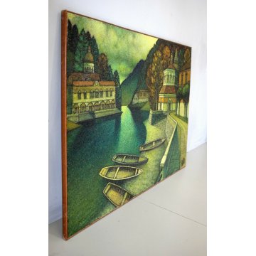 GRANDE QUADRO DIPINTO ASTRATTO MATERICO Gino Caizzi BELGIRATE PORTO LAGO BARCHE