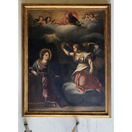 GRANDE ANTICO DIPINTO OLIO Annunciazione Maria Arcangelo Gabriele RELIGIOSO 700