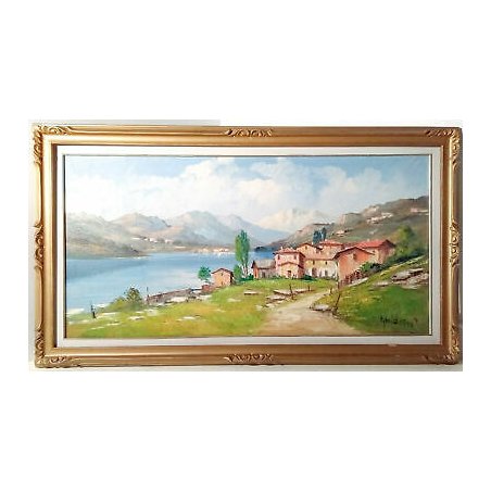 GRANDE QUADRO FIRMATO GUIDONI OLIO TELA VISTA PAESAGGIO LAGO MONTAGNE EPOCA