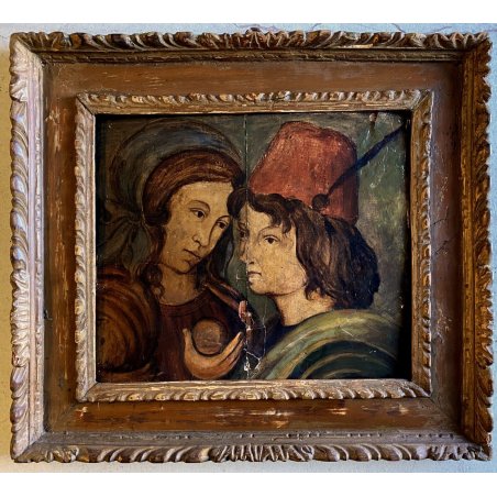 ANTICO DIPINTO OLIO TAVOLA LEGNO RITRATTO Adamo ed Eva Pomo TENTAZIONE EDEN