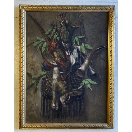 ANTICO DIPINTO OLIO TELA "AC" NATURA MORTA CACCIAGIONE FAGIANO LEPRE ALLORO '900