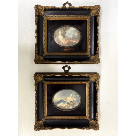 COPPIA QUADRO DIPINTO OLIO MINIATURA RITRATTO DAMA CON FIORI FIGURA PAESAGGIO