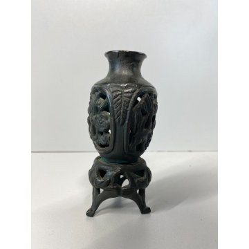 ANTICO PICCOLO VASO CINESE BRONZO INCENSIERE DECORO ANIMALE FLOREALE TRAFORATO