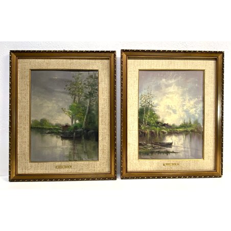 COPPIA DIPINTO OLIO CARTONCINO Remo Testa PAESAGGIO LACUSTRE BARCHE ROMANTICO