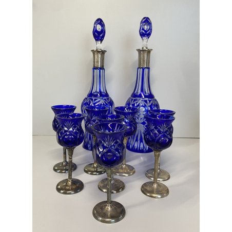 SERVIZIO BOTTIGLIE BOEMIA  e 8 BICCHIERI cristallo blu cobalto e ARGENTO 800