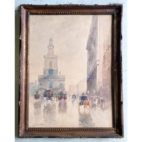 ANTICO ACQUERELLO Paolo Sala VEDUTA St. Mary LONDON STREET RAINY DAY  '800
