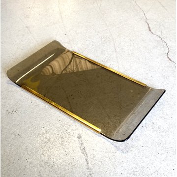 VASSOIO  VETRO CURVATO FUME' METALLO TRAY CURVED SMOKED GLASS GOLD METAL '70s