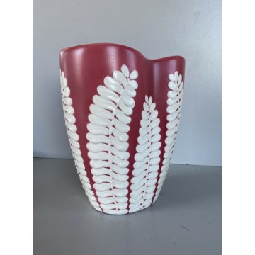 VASO CERAMICA BIOMORFO Ceramiche Campione ROSA ANTICO DECORO BIANCO RILIEVO '50