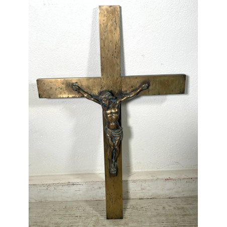 ANTICO GRANDE GESU' CRISTO BRONZO CROCIFISSO CROCE INRI RELIGIOSO SCULTURA