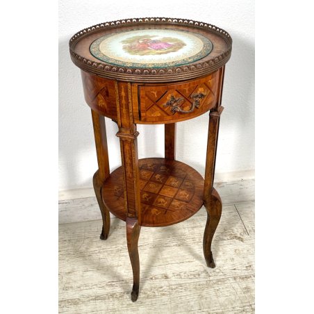ANTICO TAVOLINO ROTONDO INTARSIATO DECORO CERAMICA DIPINTO ETAGERE CASSETTO 1900