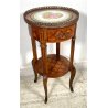 ANTICO TAVOLINO ROTONDO INTARSIATO DECORO CERAMICA DIPINTO ETAGERE CASSETTO 1900