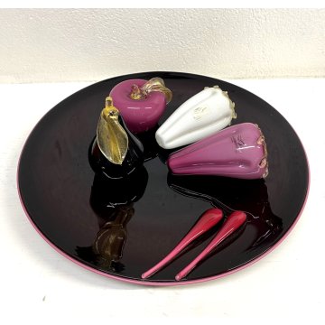PIATTO CENTROTAVOLA FRUTTA VETRO Murano Gabbiani NERO ROSA VIOLA BIANCO ORO '60