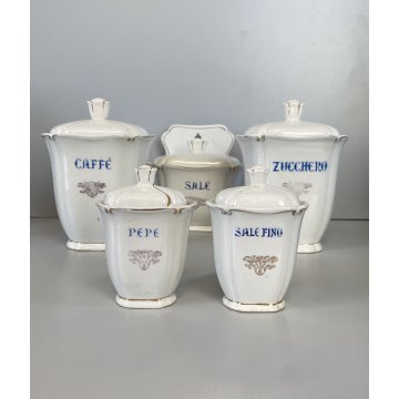 SET 5 ANTICHI BARATTOLI CUCINA SPEZIE VASI CERAMICA BIANCA Pozzi Ginori ANNI '40