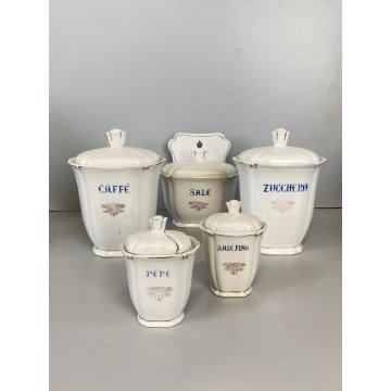 SET 5 ANTICHI BARATTOLI CUCINA SPEZIE VASI CERAMICA BIANCA Pozzi Ginori ANNI '40