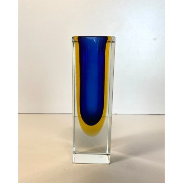VASO MONOFIORE 13 cm/h MURANO VETRO SOMMERSO MANDRUZZATO BLU GIALLO VINTAGE '50