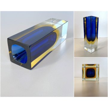 VASO MONOFIORE 13 cm/h MURANO VETRO SOMMERSO MANDRUZZATO BLU GIALLO VINTAGE '50