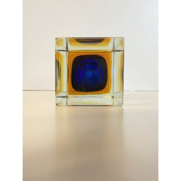 VASO MONOFIORE 13 cm/h MURANO VETRO SOMMERSO MANDRUZZATO BLU GIALLO VINTAGE '50