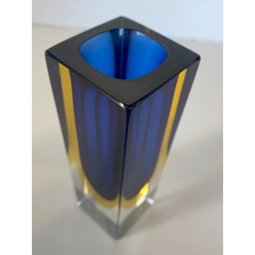 VASO MONOFIORE 13 cm/h MURANO VETRO SOMMERSO MANDRUZZATO BLU GIALLO VINTAGE '50