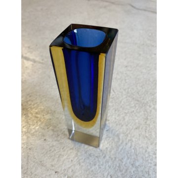 VASO MONOFIORE 13 cm/h MURANO VETRO SOMMERSO MANDRUZZATO BLU GIALLO VINTAGE '50