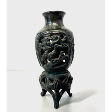 ANTICO PICCOLO VASO CINESE BRONZO INCENSIERE DECORO ANIMALE FLOREALE TRAFORATO