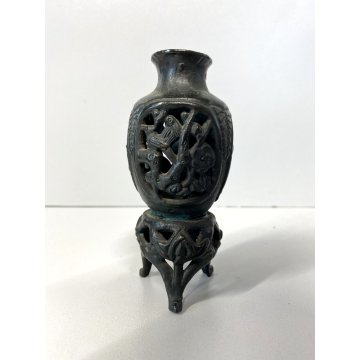 ANTICO PICCOLO VASO CINESE BRONZO INCENSIERE DECORO ANIMALE FLOREALE TRAFORATO