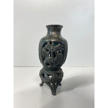 ANTICO PICCOLO VASO CINESE BRONZO INCENSIERE DECORO ANIMALE FLOREALE TRAFORATO