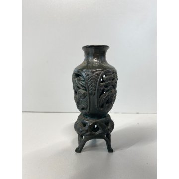 ANTICO PICCOLO VASO CINESE BRONZO INCENSIERE DECORO ANIMALE FLOREALE TRAFORATO