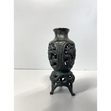 ANTICO PICCOLO VASO CINESE BRONZO INCENSIERE DECORO ANIMALE FLOREALE TRAFORATO