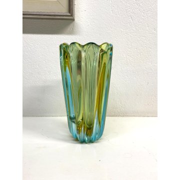 VASO COSTOLATO VETRO MURANO ATTR Poli Barovier TRASPARENTE VERDE ACQUA AMBRA '50