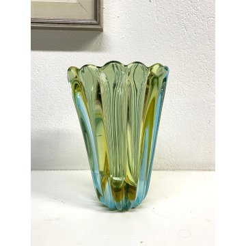 VASO COSTOLATO VETRO MURANO ATTR Poli Barovier TRASPARENTE VERDE ACQUA AMBRA '50