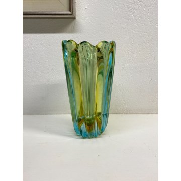 VASO COSTOLATO VETRO MURANO ATTR Poli Barovier TRASPARENTE VERDE ACQUA AMBRA '50