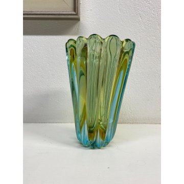 VASO COSTOLATO VETRO MURANO ATTR Poli Barovier TRASPARENTE VERDE ACQUA AMBRA '50