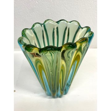 VASO COSTOLATO VETRO MURANO ATTR Poli Barovier TRASPARENTE VERDE ACQUA AMBRA '50