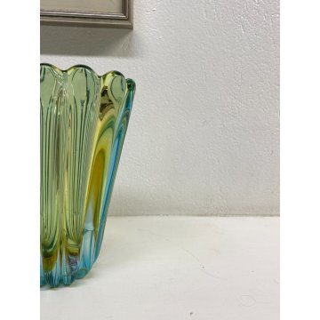 VASO COSTOLATO VETRO MURANO ATTR Poli Barovier TRASPARENTE VERDE ACQUA AMBRA '50