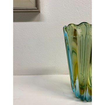 VASO COSTOLATO VETRO MURANO ATTR Poli Barovier TRASPARENTE VERDE ACQUA AMBRA '50