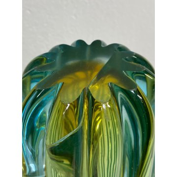 VASO COSTOLATO VETRO MURANO ATTR Poli Barovier TRASPARENTE VERDE ACQUA AMBRA '50