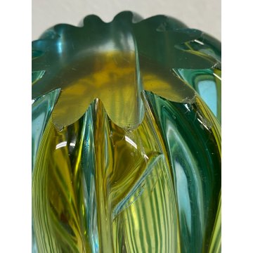 VASO COSTOLATO VETRO MURANO ATTR Poli Barovier TRASPARENTE VERDE ACQUA AMBRA '50