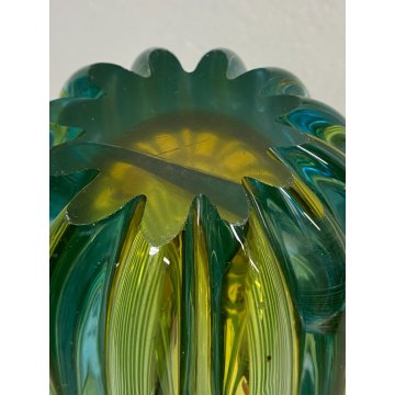 VASO COSTOLATO VETRO MURANO ATTR Poli Barovier TRASPARENTE VERDE ACQUA AMBRA '50