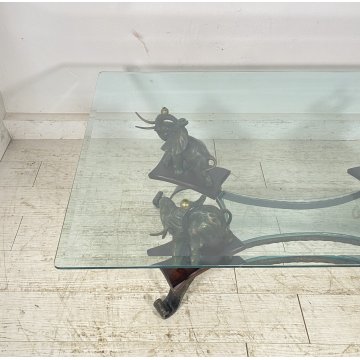 TAVOLINO DA SALOTTO ANNI 50 VETRO BRONZO OTTONE TABLE SCULTURE ELEFANTE TAVOLO