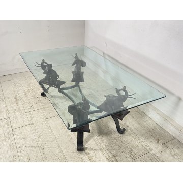 TAVOLINO DA SALOTTO ANNI 50 VETRO BRONZO OTTONE TABLE SCULTURE ELEFANTE TAVOLO
