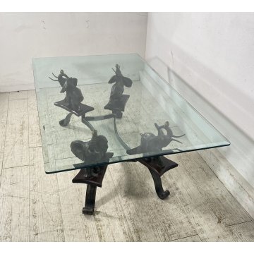 TAVOLINO DA SALOTTO ANNI 50 VETRO BRONZO OTTONE TABLE SCULTURE ELEFANTE TAVOLO