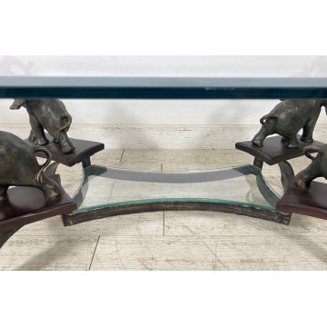 TAVOLINO DA SALOTTO ANNI 50 VETRO BRONZO OTTONE TABLE SCULTURE ELEFANTE TAVOLO