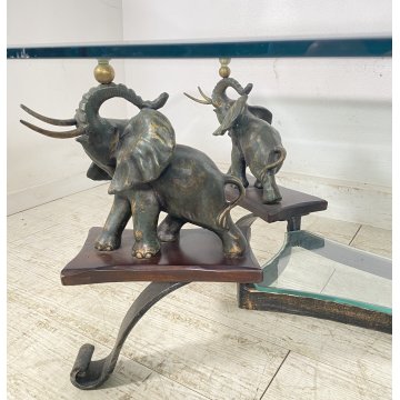 TAVOLINO DA SALOTTO ANNI 50 VETRO BRONZO OTTONE TABLE SCULTURE ELEFANTE TAVOLO